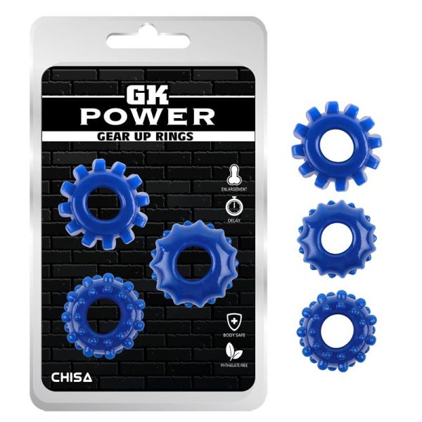 Chisa Set mit 3 Penisringen Gear Up (Blau)
