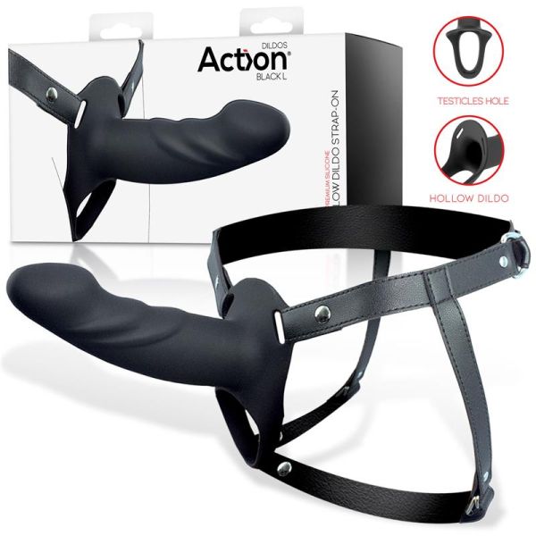 Action Strap-on mit hohlem Dildo, 5-6,5 cm dick (Schwarz)