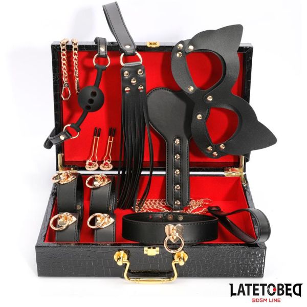 LateToBed 8-teiliges Leder-Bondage-Set mit Aufbewahrungskoffer